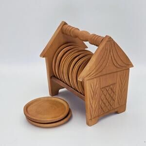 Vintage Wooden Coaster Set with Holder | 12 Round Wood Drink Coasters